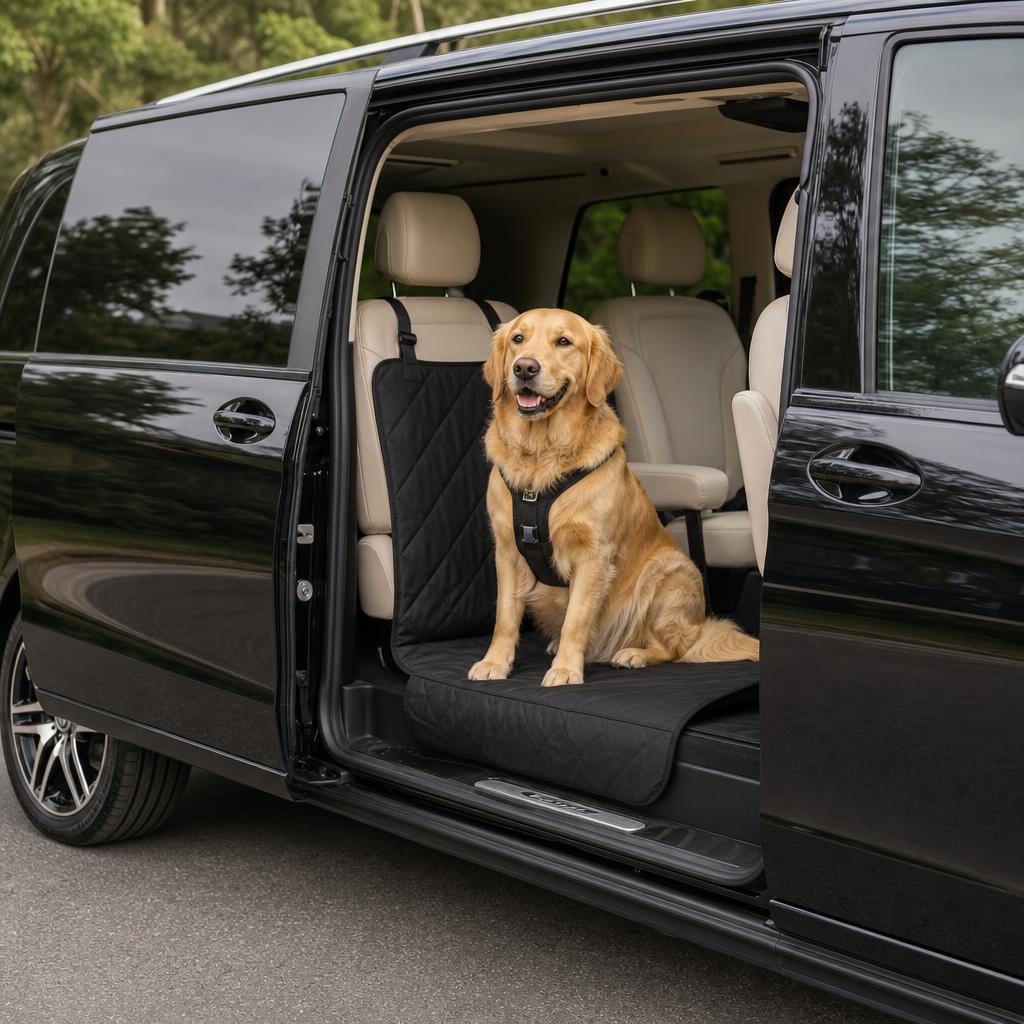 Dog inside a luxury Mercedes passenger van with its sliding door open